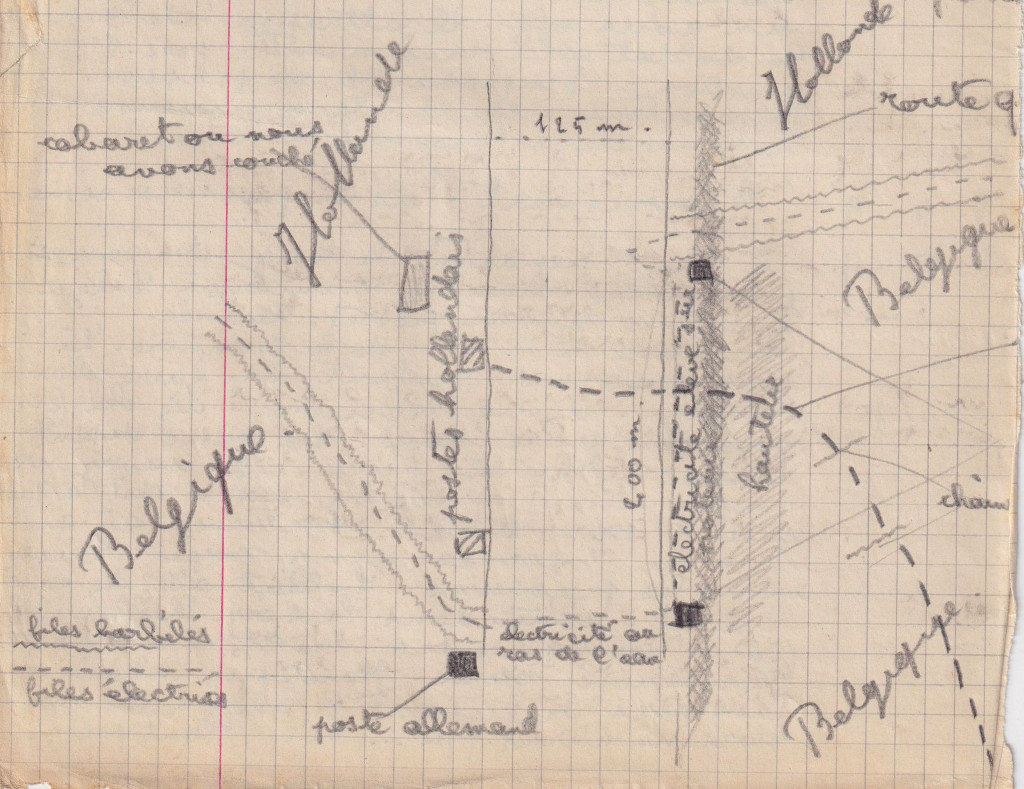 Croquis à la main de Claude Saint-Léger montrant le point de passage du canal de Gand à Terneuzen, avec le cabaret, les chaînes, la colline, le canal et la rive hollandaise